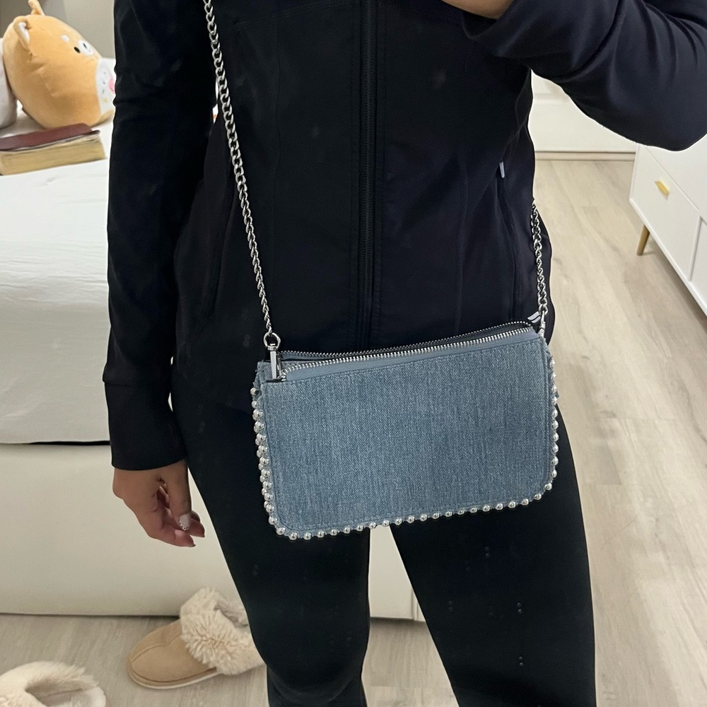 Zara Blue Denim Crossbody Bag with Pearl Accents
